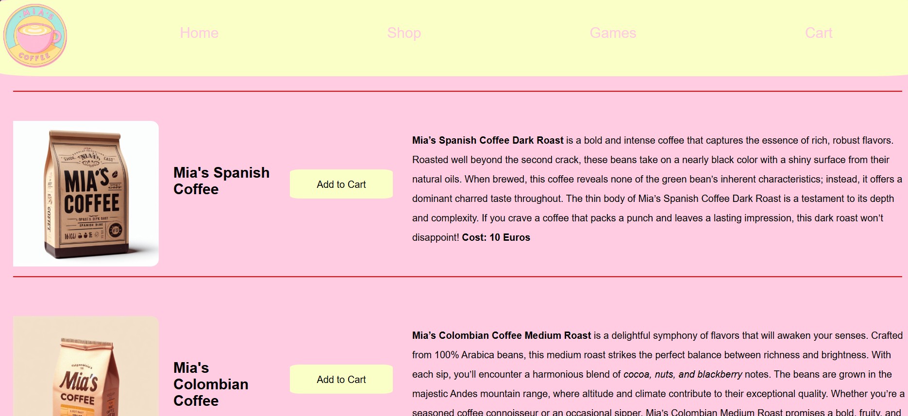 Mia's Coffee project screenshot